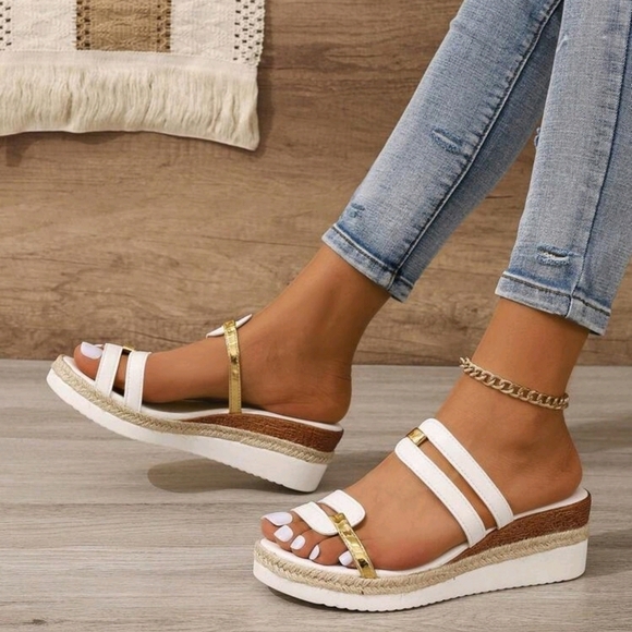 White Sandals with Gold Buckle and Ankle Strap - Picture 2 of 6